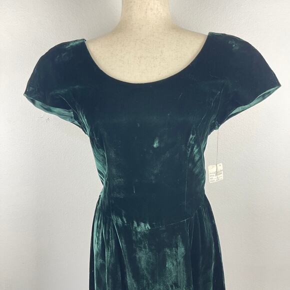 Vintage 80s 90s Donna Ricco Emerald Green Velvet Midi Dress Tie Waist Women's 8 - Picture 4 of 15